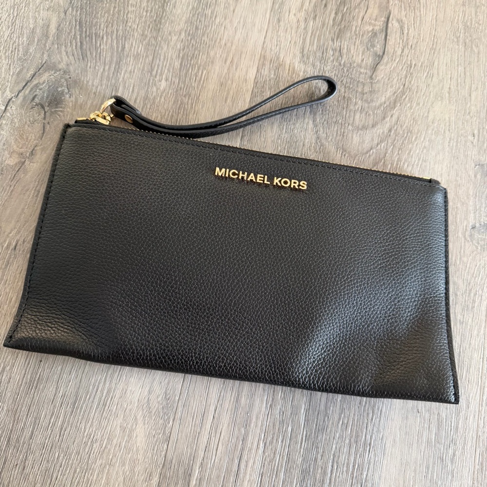 Michael Kors Black Leather Wristlet with Gold Accents